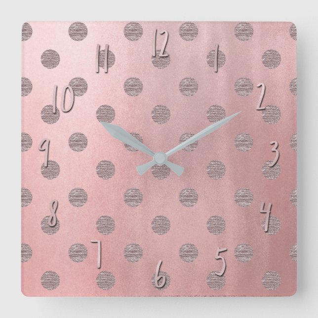 Rose Gold Pink Shine Glam Polka Dots Modern Chic Square Wall Clock (Front)