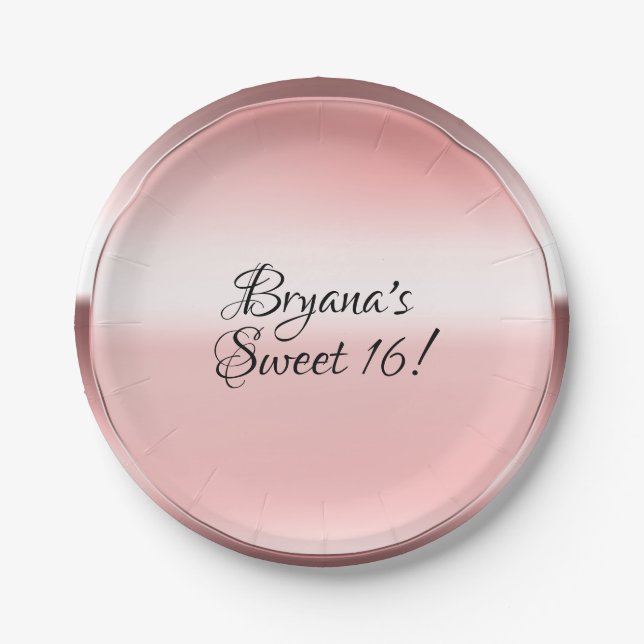 Rose Gold Pink Shine Personalized Custom Party Paper Plates (Front)