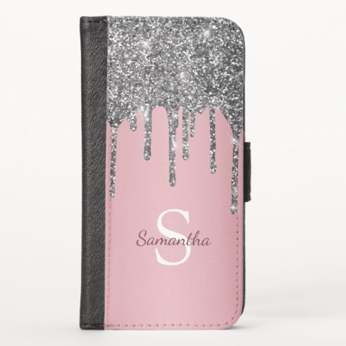 Rose Gold Pink Silver Glitter Drip Monogram Name iPhone X Wallet Case
