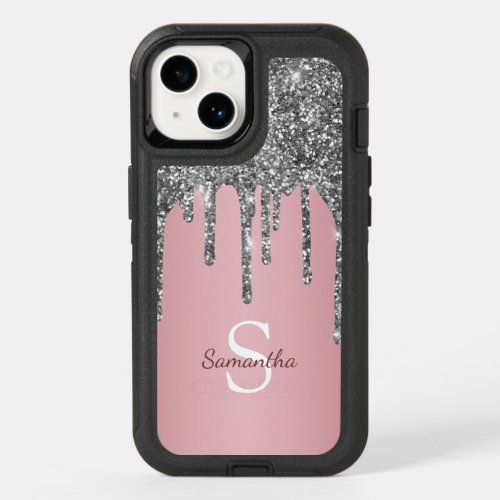 Rose Gold Pink Silver Glitter Drip Monogram Name OtterBox iPhone 14 Case