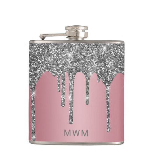 Rose Gold Pink Silver Glitter Drips Monogram 6 oz Flask