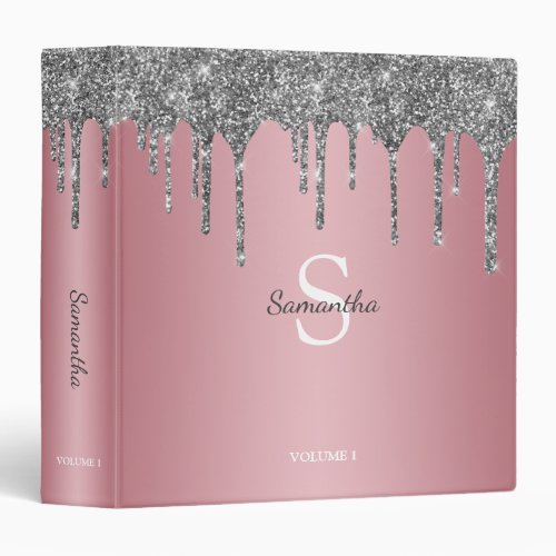 Rose Gold Pink Silver Glitter Drips Monogram Name 3 Ring Binder