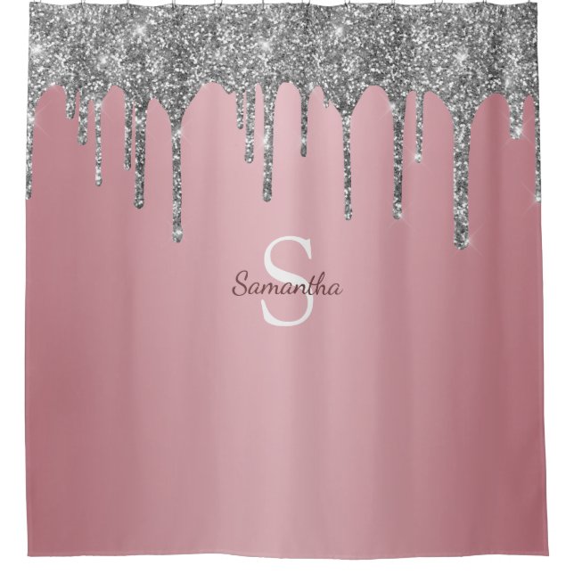 Rose Gold Pink Silver Glitter Drips Monogram Name Shower Curtain (Front)