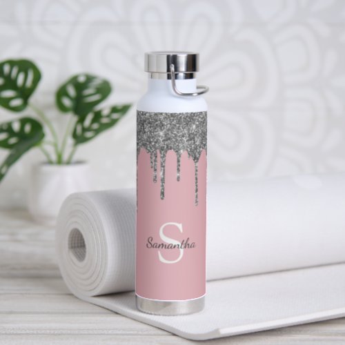 Rose Gold Pink Silver Glitter Drips Monogram Name Water Bottle