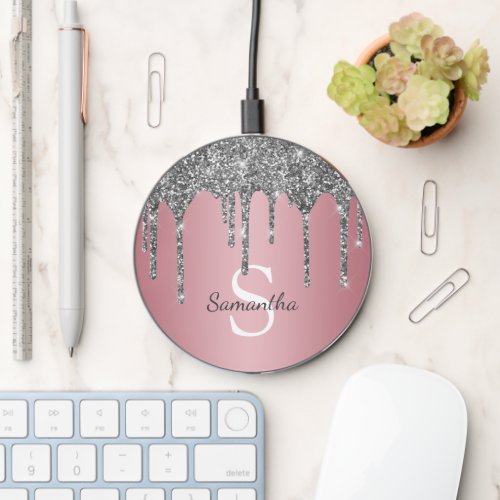 Rose Gold Pink Silver Glitter Drips Monogram Name Wireless Charger