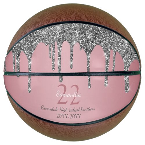 Rose Gold Pink Silver Glitter Drips Name Number Basketball