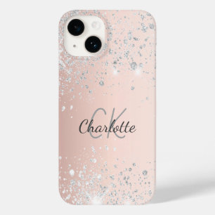 Rose gold pink silver glitter monogram name Case-Mate iPhone 14 case
