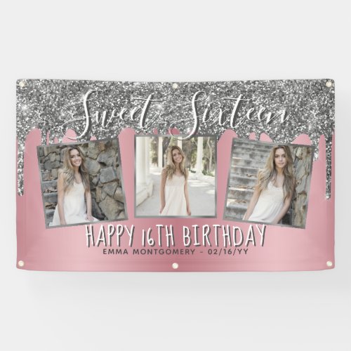 Rose Gold Pink Silver Glitter Photo 16th Birthday Banner