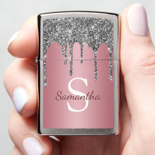 Rose Gold Pink Silver Glitter Sparkle Drips Name Zippo Lighter