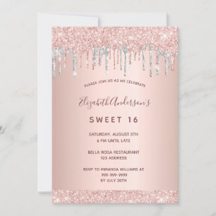 Rose gold pink silver Sweet 16 Invitation