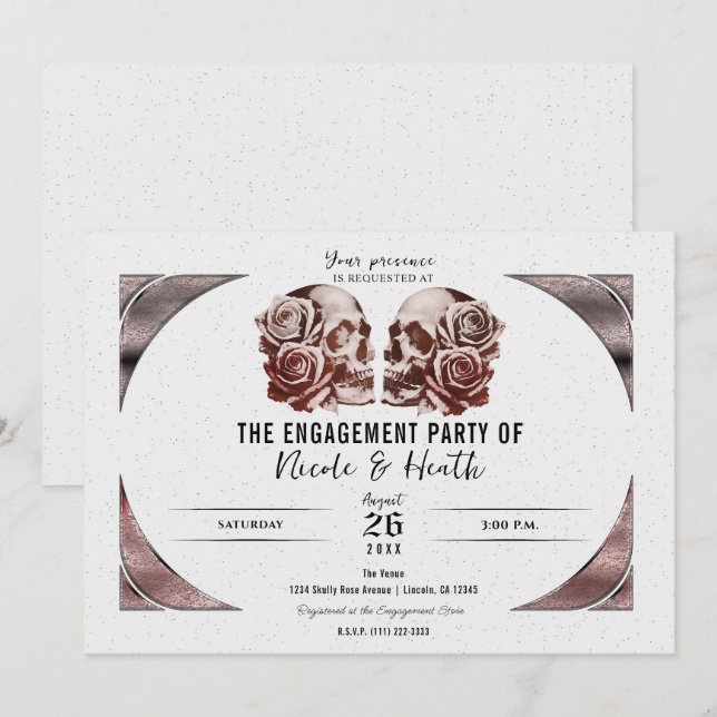 Rose Gold Pink Skull Vintage Glam Engagement Party Invitation (Front/Back)