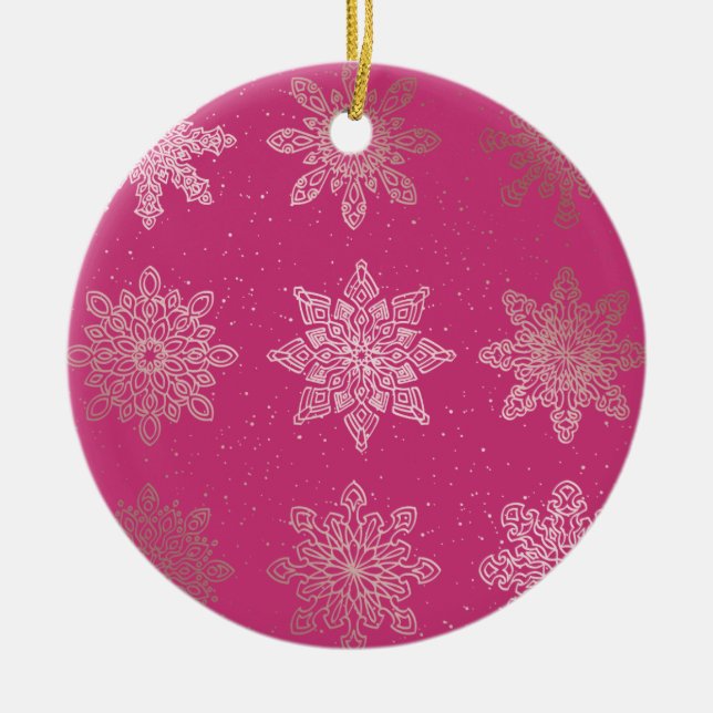 Rose Gold & Pink Snowflake Christmas Pattern Ceramic Ornament (Front)