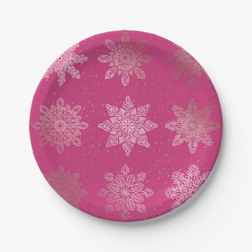 Rose Gold  Pink Snowflake Christmas Pattern Paper Plates