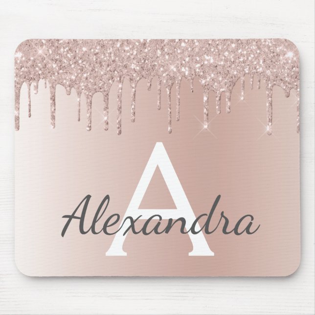 Rose Gold - Pink Sparkle Glitter Monogram Name Mouse Pad (Front)