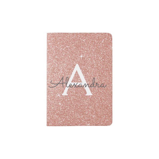 Rose Gold - Pink Sparkle Glitter Monogram Name Passport Holder (Front)