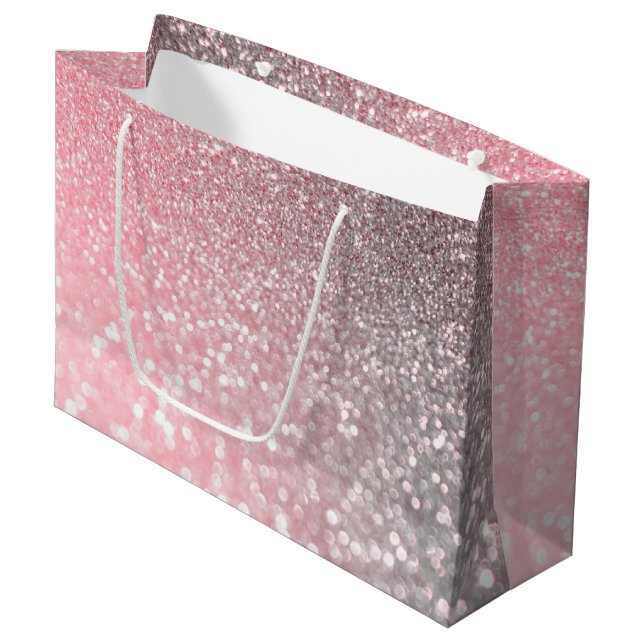 Rose Gold Pink Sparkle Luxury Trendy Glitter Large Gift Bag (Front Angled)