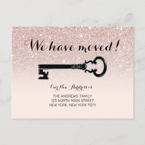 Rose Gold Pink Sparkly Glitter Ombre Key Moving Announcement Postcard