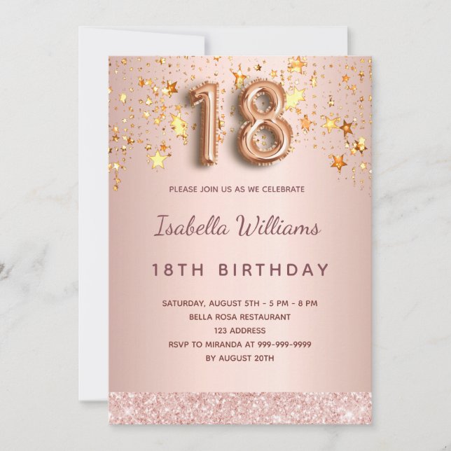 Rose gold pink stars 18th birthday invitation (Front)