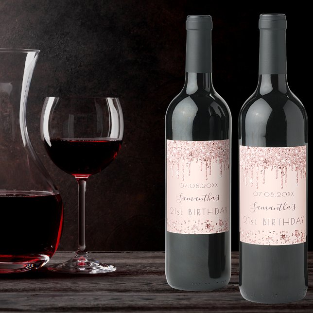 Rose gold pink stars 21st birthday wine label (Creator Uploaded)