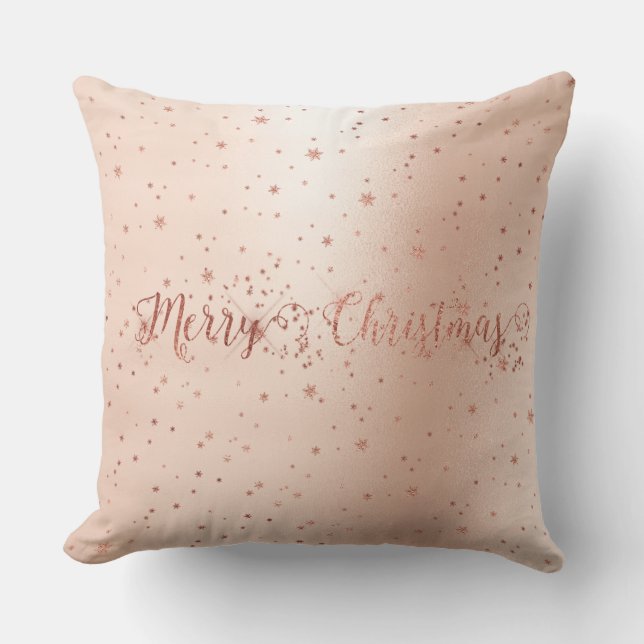 Rose Gold Pink Stars Metallic Silk Merry Christmas Throw Pillow (Front)
