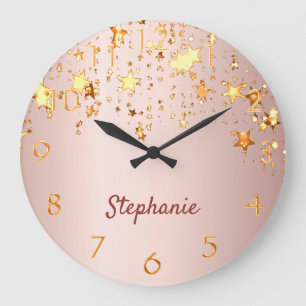 Rose gold pink stars name large clock