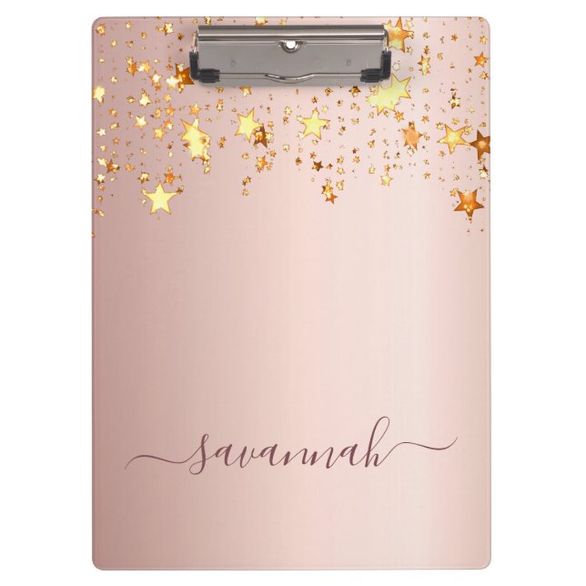 Rose gold pink stars name script glamorous clipboard (Front)