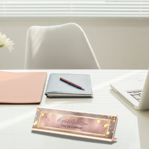 Rose gold pink stars name title business desk name plate