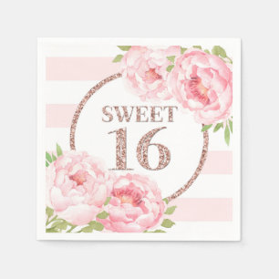 Rose Gold Pink Stripes Flowers Sweet 16 Birthday Napkins