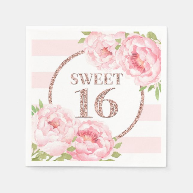 Rose Gold Pink Stripes Flowers Sweet 16 Birthday Napkins (Front)