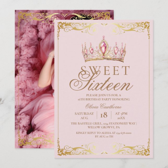  Rose Gold & Pink Sweet 16 Crown Birthday Photo Invitation (Front/Back)