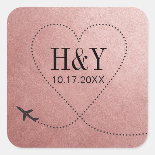 Rose Gold Pink Travel Wedding Airplane Monogram Square Sticker