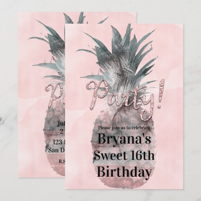 Rose Gold Pink Tropical Summer Pineapple Party Invitation (Front/Back)