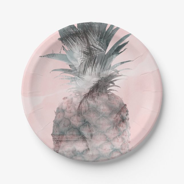 Rose Gold Pink Tropical Summer Pineapple Party Paper Plates (Front)