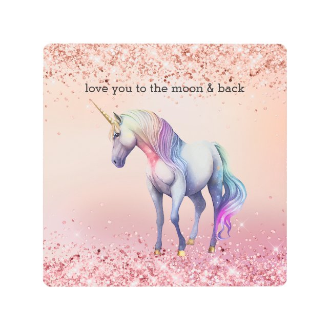 Rose Gold Pink Unicorn Sparkle   Metal Print (Front)
