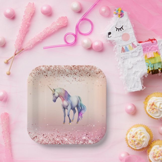 Rose Gold Pink Unicorn Sparkle   Paper Plates (Party)