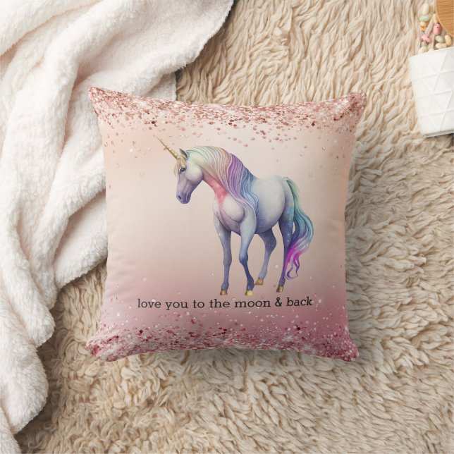 Rose Gold Pink Unicorn Sparkle   Throw Pillow (Blanket)