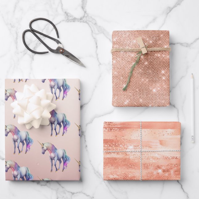 Rose Gold Pink Unicorn Sparkle   Wrapping Paper Sheets (Front)