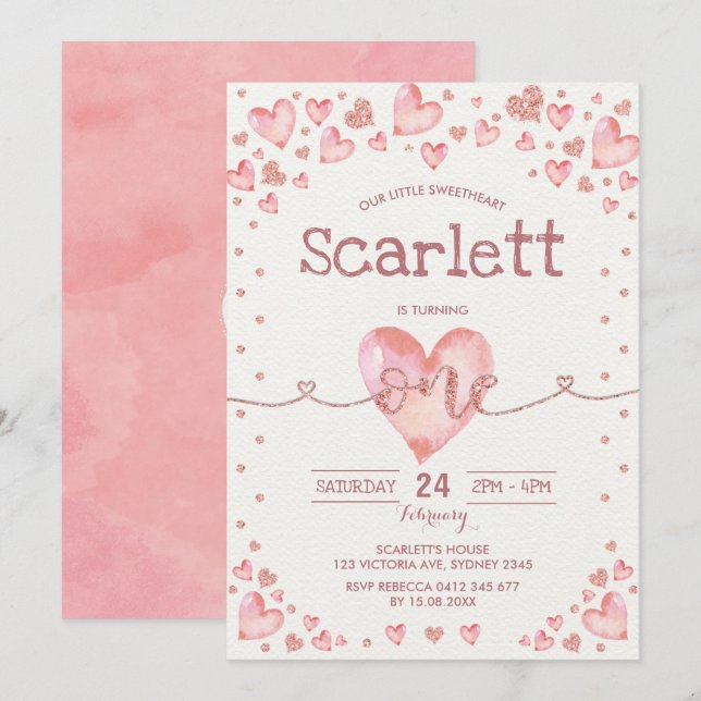 Rose Gold Pink Valentines Sweetheart 1st Birthday Invitation (Front/Back)