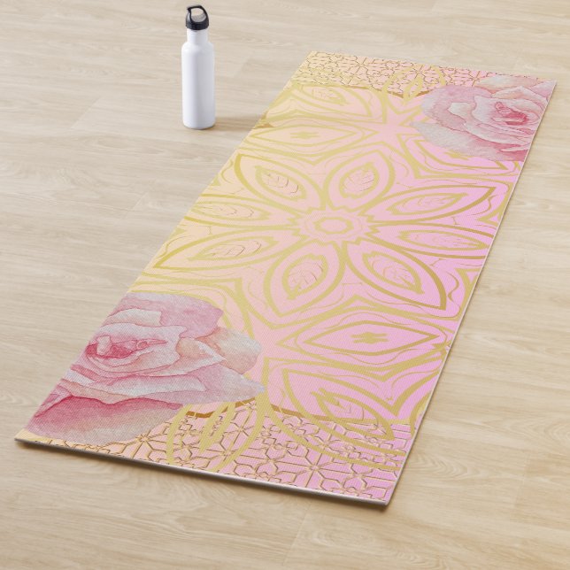  Rose Gold & Pink Water Color Mandala Yoga Mat (In Situ)