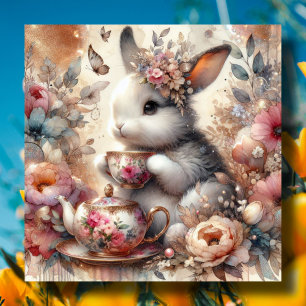 Rose Gold Pink Watercolor Cute Easter Tea Bunny Holiday Card