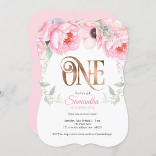 Rose gold, Pink, Watercolor, Floral, 1st Birthday Invitation