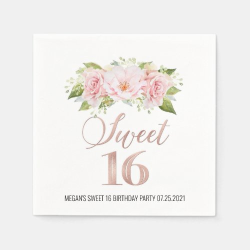 Rose Gold Pink Watercolor Floral Sweet 16 Birthday Napkins
