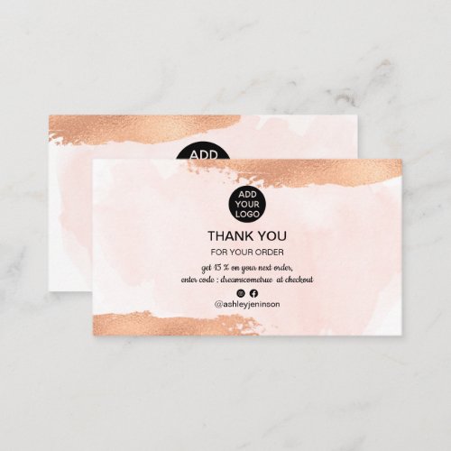 Rose Gold pink watercolor logo order thank you Business Card