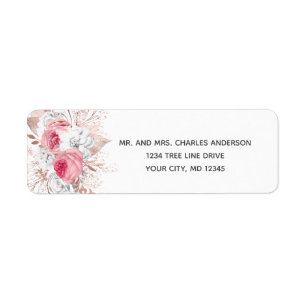 Rose Gold Pink White Floral Trendy return address Label