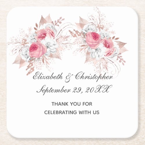 Rose Gold Pink White Floral Trendy Wedding  Square Paper Coaster