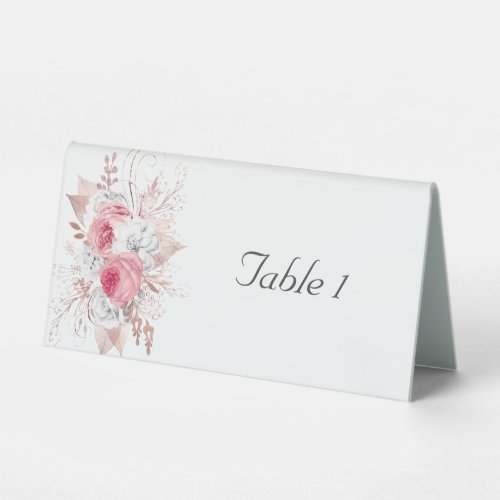 Rose Gold Pink White Floral Wedding Table Tent Sign