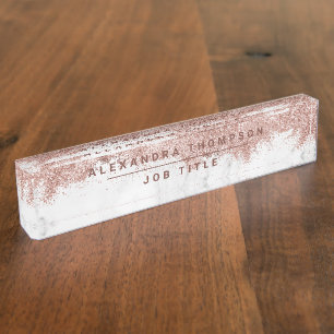 Rose Gold Pink White Marble Glitter Dust  Desk Name Plate