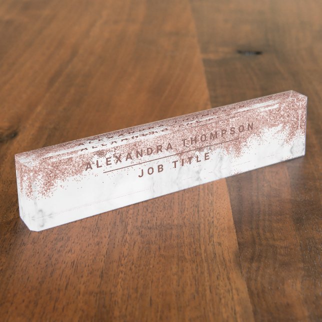 Rose Gold Pink White Marble Glitter Dust  Desk Name Plate (Side)