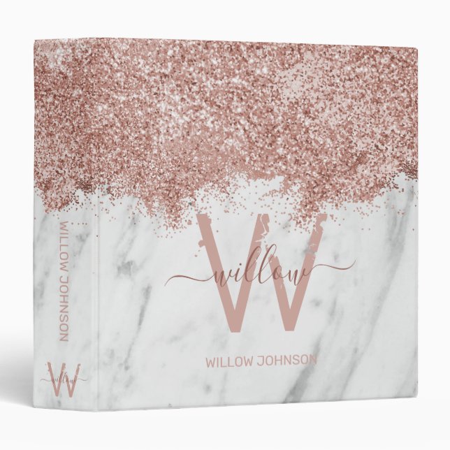 Rose Gold Pink White Marble Glitter Dust Monogram 3 Ring Binder (Front/Spine)