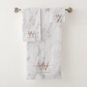 Rose Gold Pink White Marble Glitter Dust Monogram  Bath Towel Set